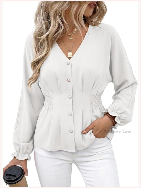 Tops - V-Neck Long Sleeve Peplum Blouse with Pearl Buttons